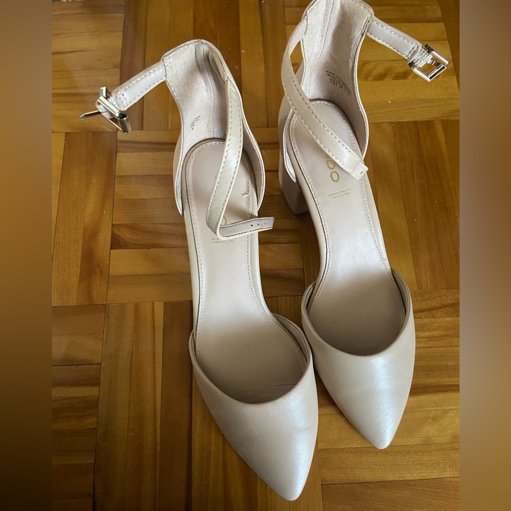 ALDO Leather Beige Ankle Strap Heels